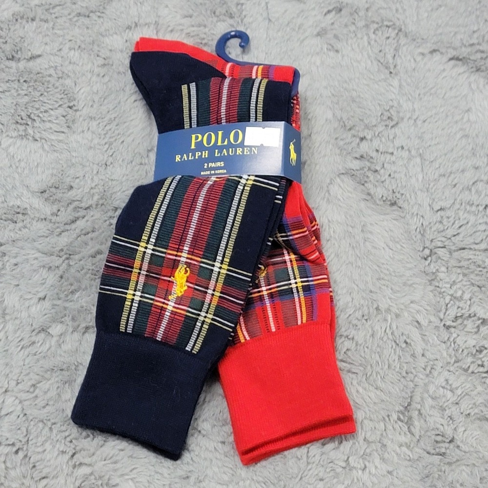 Polo Ralph Lauren Socks Mens 10-13 Navy Red Tartan Plaid Pony 2 Pairs Mid Calf